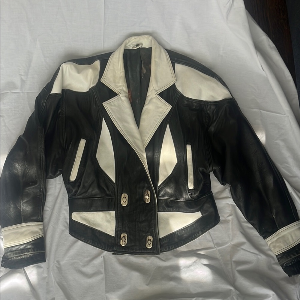 Black and White Leather Jacket Biker Style